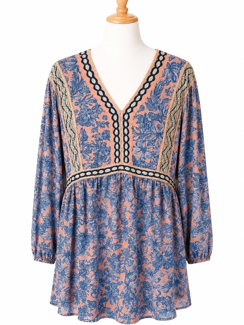 J. Jill Blue & Coral Floral Cotton Boho Tunic Top Sz L Tall Crochet Trim -Summer
